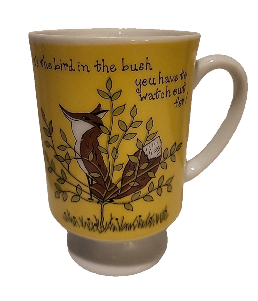 VTG Pedestal mug Fox in a bush Coffee Mug “Bird in the Bush”/cup Yellow GOOD MCM
